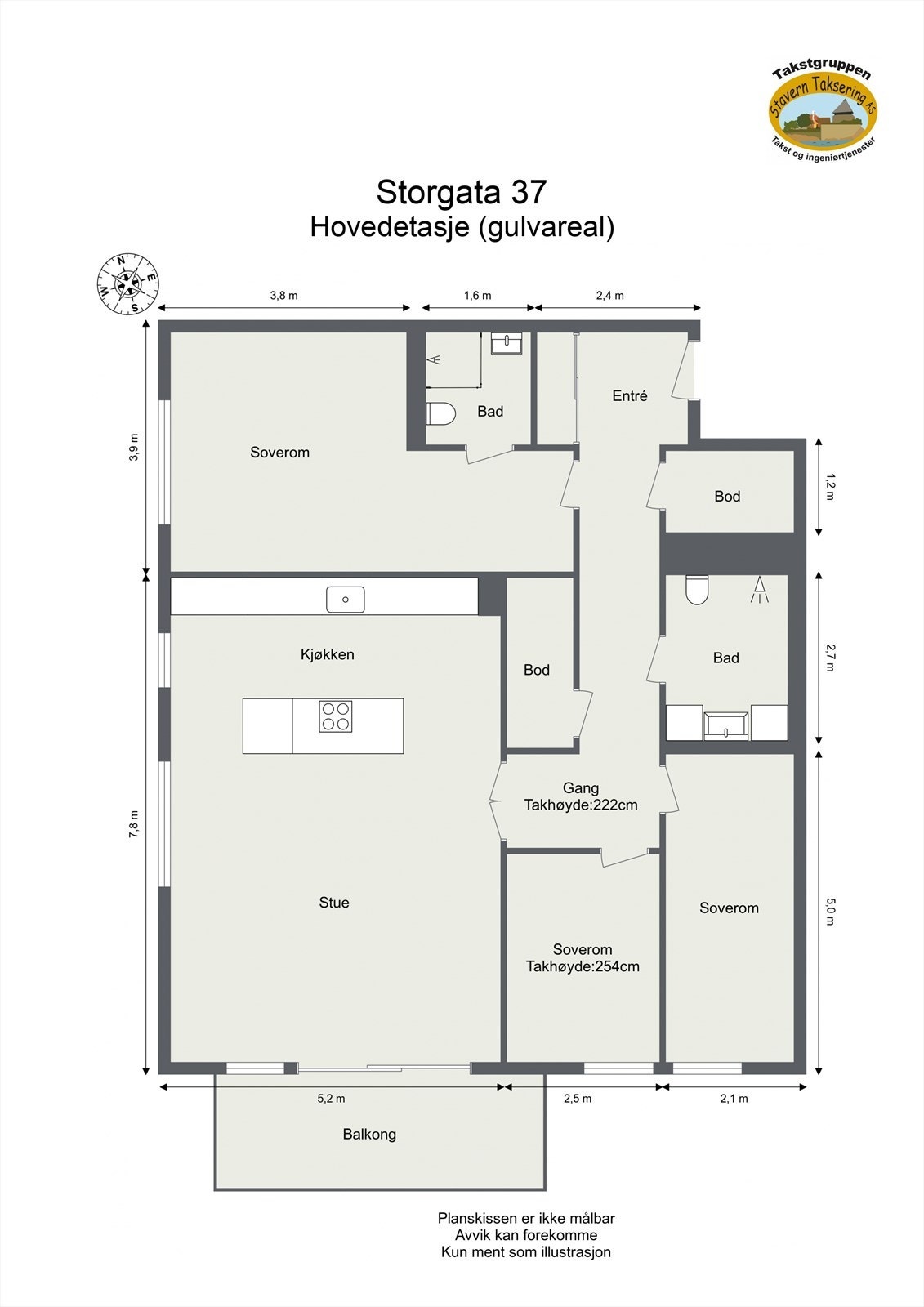 Plantegningen viser en arealeffektiv leilighet med tre soverom, to bad og to interne boder. Galleribilde