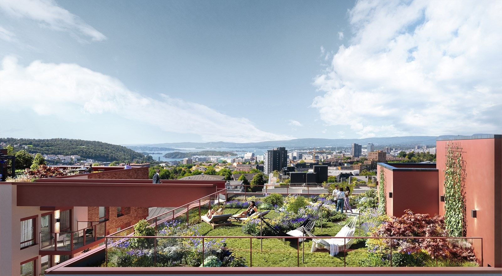 Stor felles takterrasse med bro mellom byggene Galleribilde