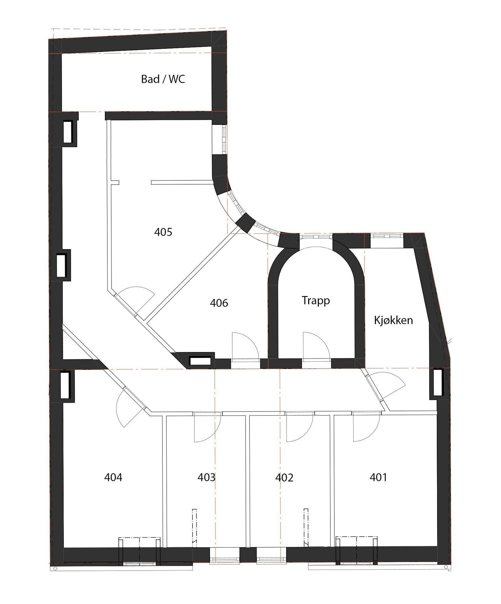 Planskisse 4.etg: Hybel 405 er ledig i denne etasjen. Rom med egen adskilt alkove! Galleribilde