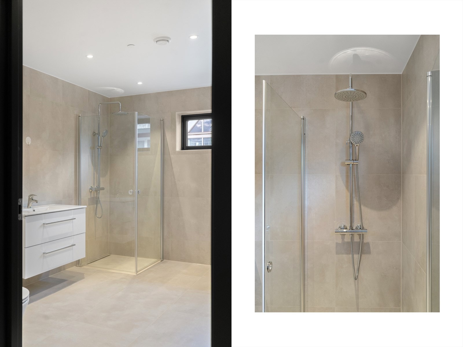 Elegant baderomsinnredning med god oppbevaringsplass og stilrent uttrykk Galleribilde