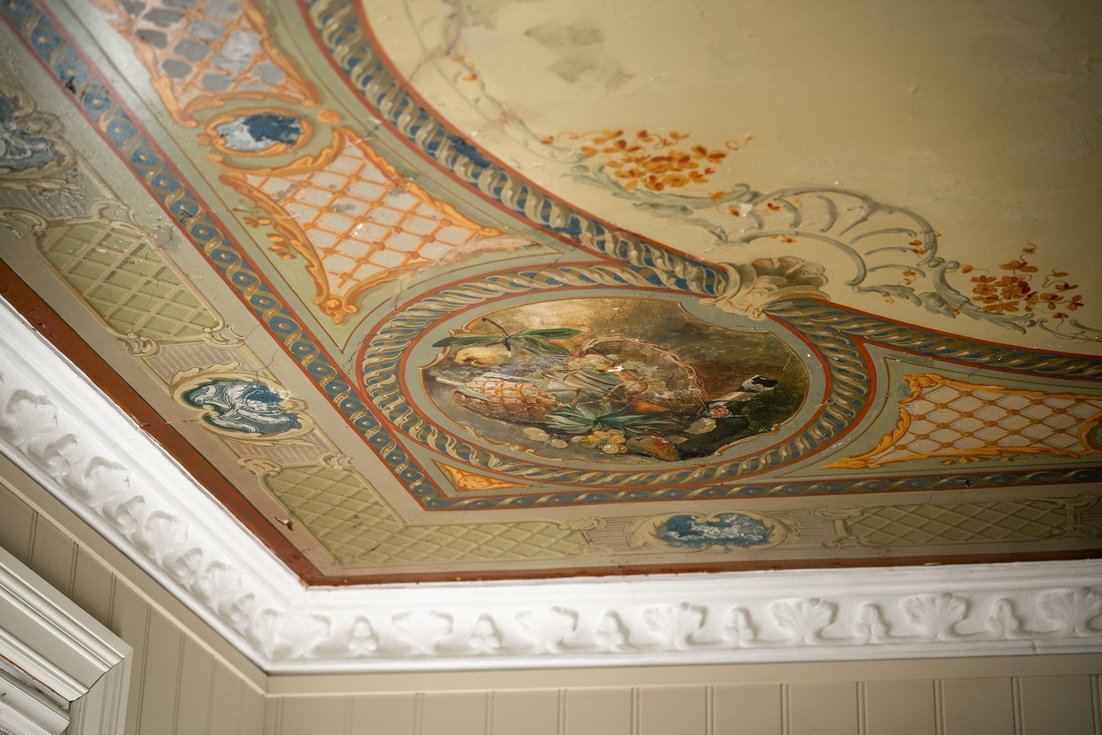 Originalt tak dekorert med detaljerte malerier, omgitt av elegant stukkatur Galleribilde