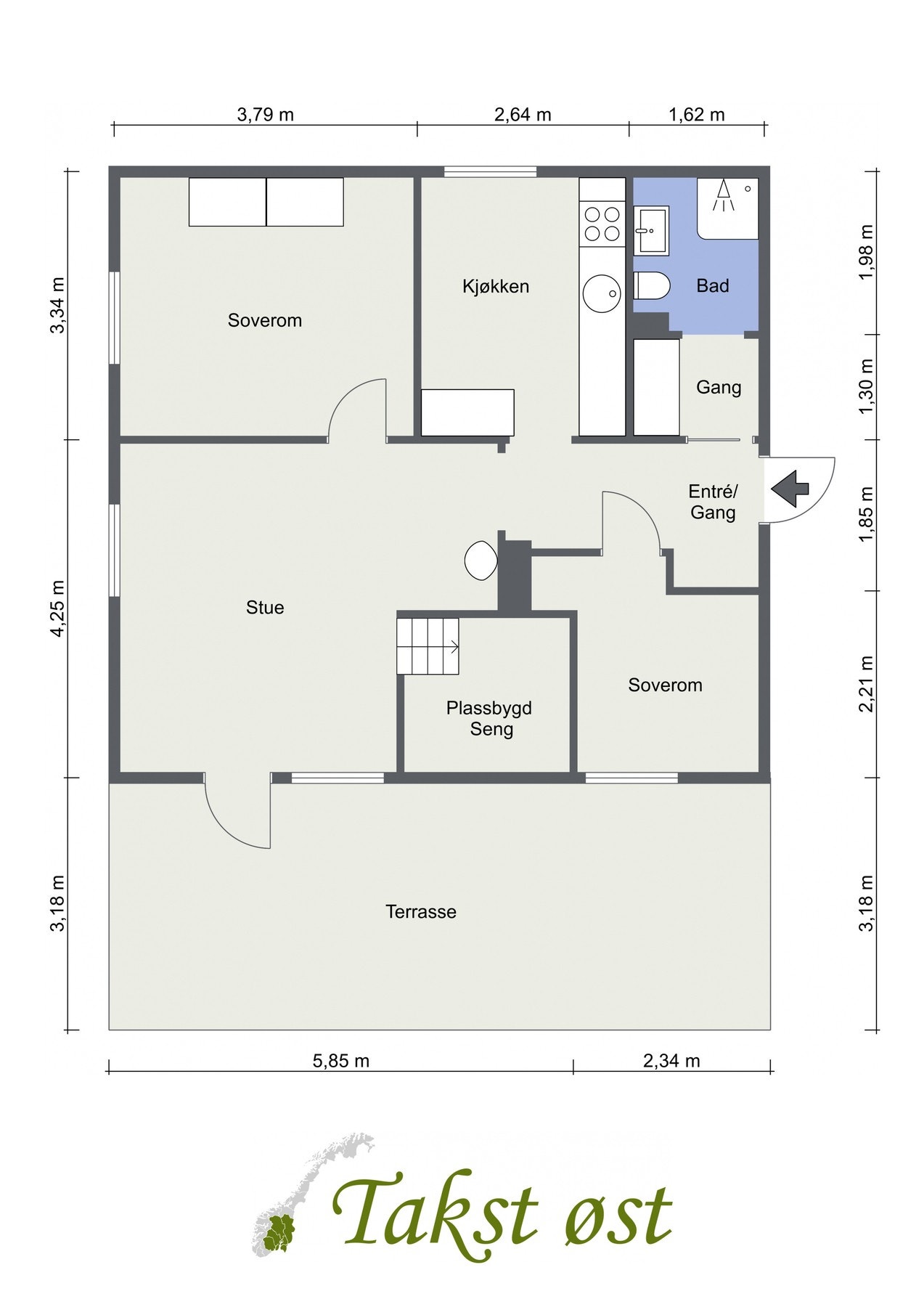 Plantegning. I tillegg disponerer leiligheten to kjellerboder på til sammen 24 kvm, og lagringsplass på loft med 52 kvm gulvareal. Galleribilde