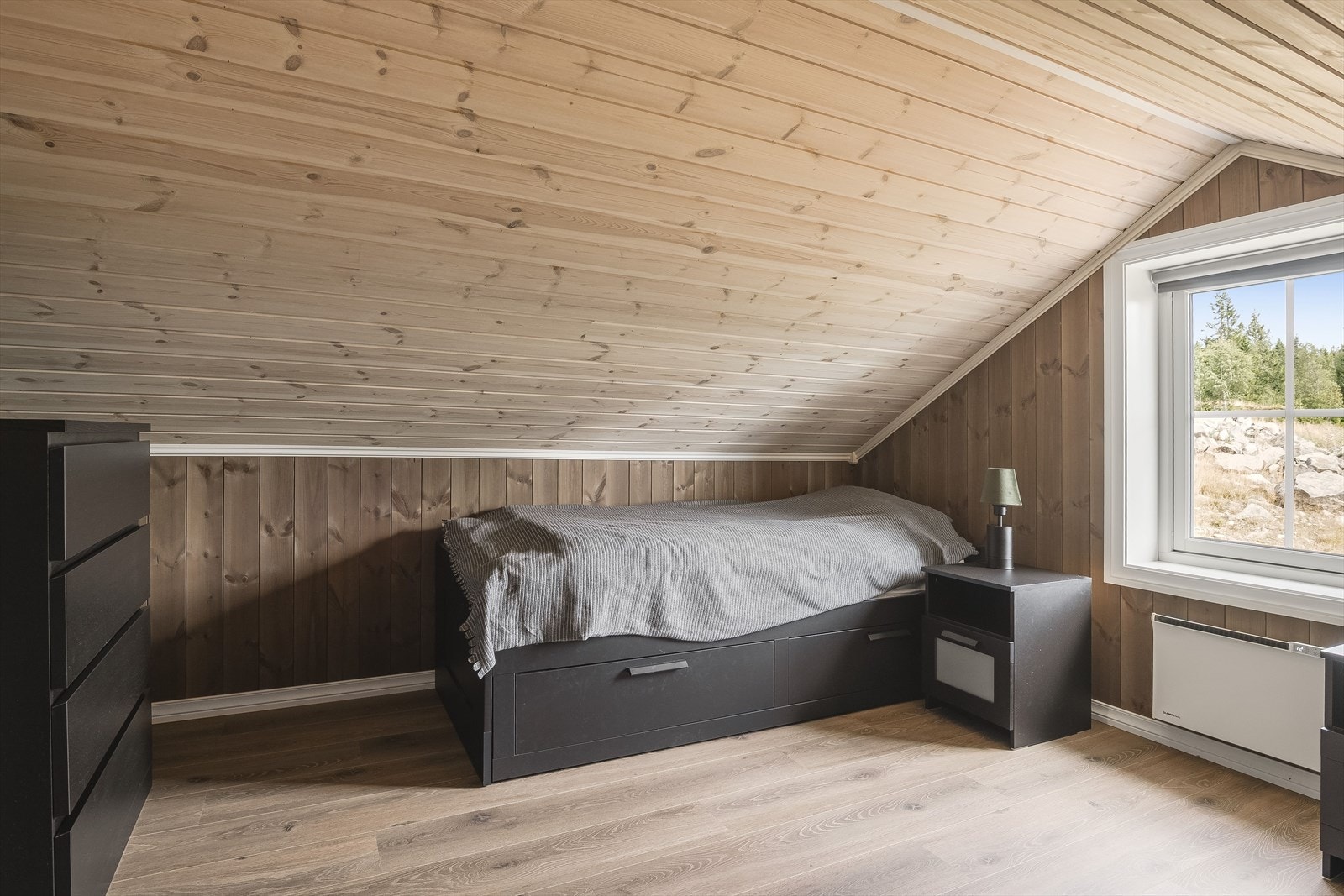 Rommet er i dag innredet med to enkeltsenger med tilhørende nattbord og kommoder. Det gjøres oppmerksom på at hemsen ikke har målbare arealer og er ikke godkjent for varig opphold. Galleribilde