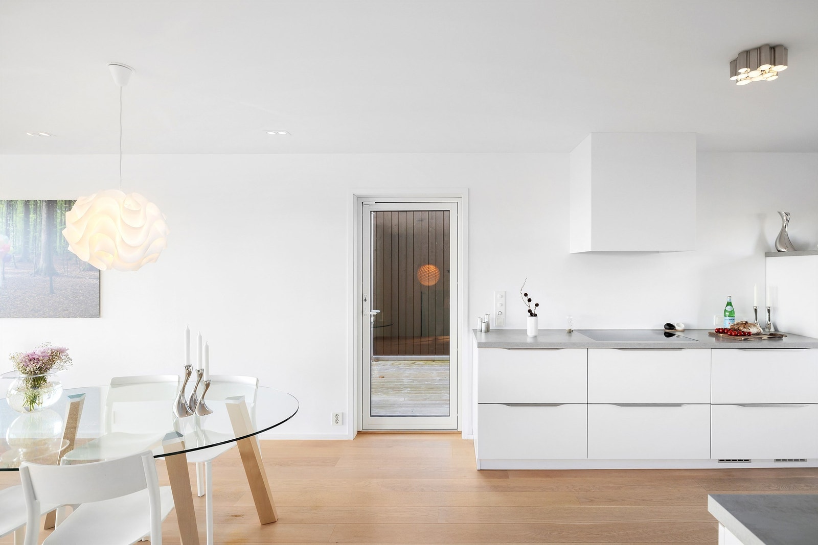 Utgang til hage fra kjøkkenet til nordvendt platting på 42 m2 og terrasse på 22 m2. Galleribilde