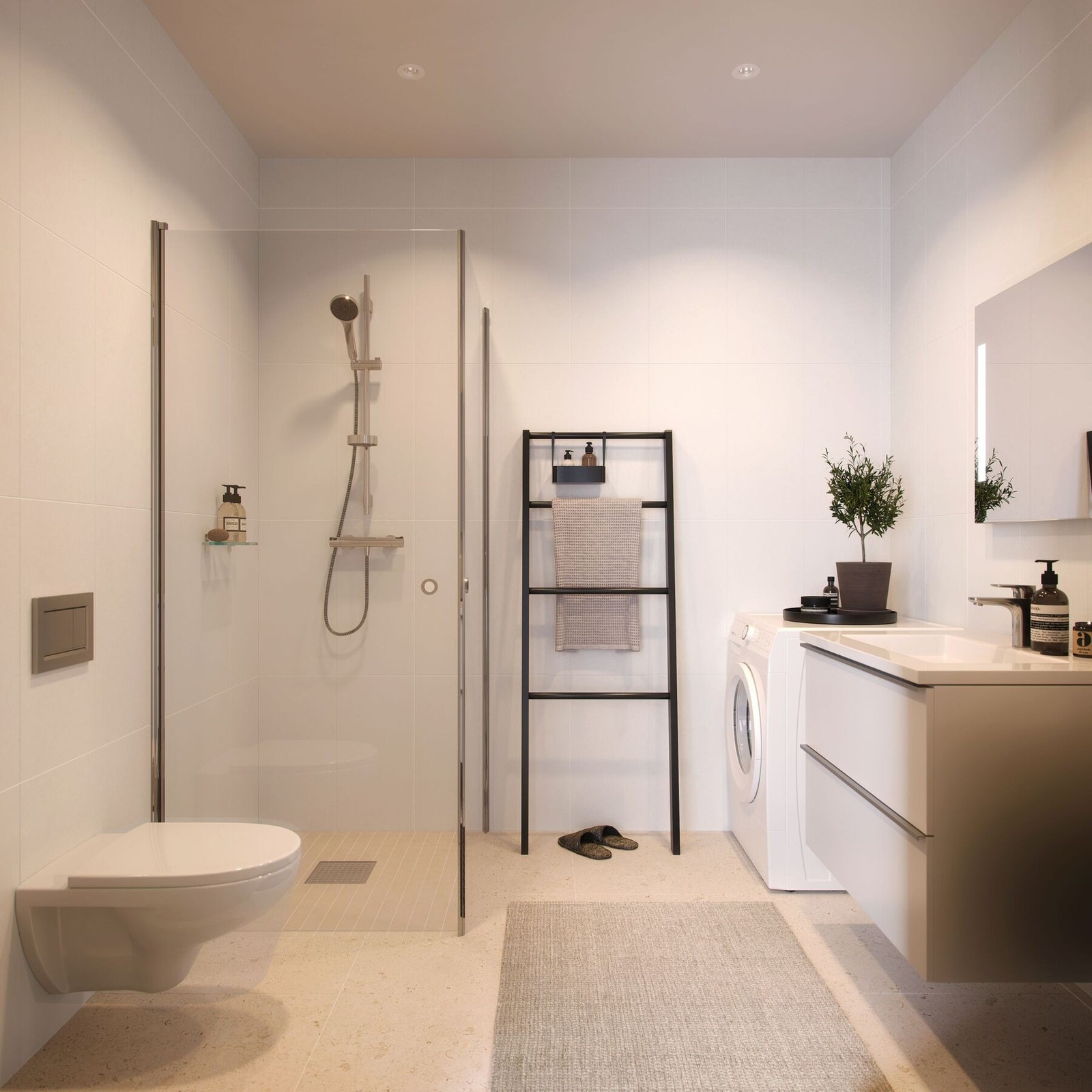 Delikat bad med store keramiske gulv- og veggfliser. (Illustrasjon - avvik kan forekomme) Galleribilde