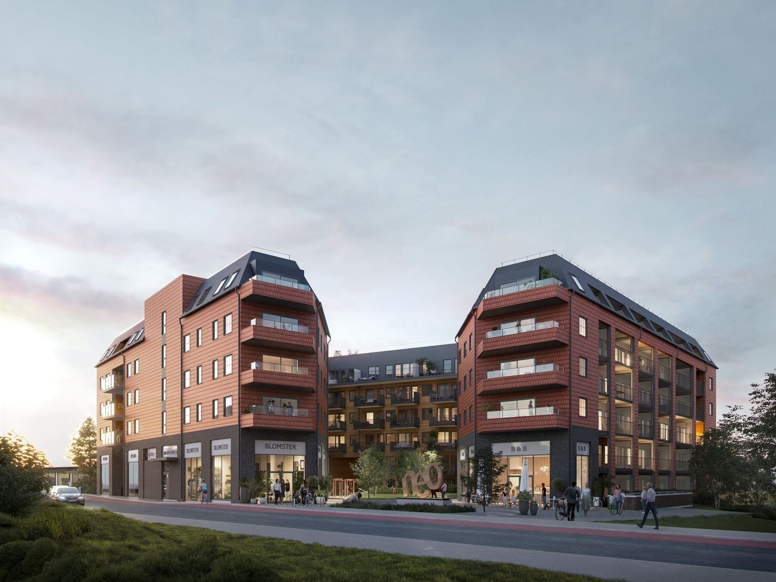 Prosjektet består av moderne bebyggelse over 6 etasjer. Mellom bebyggelsen blir det attraktive uteområder med lekeplass og grøntarealer. Galleribilde