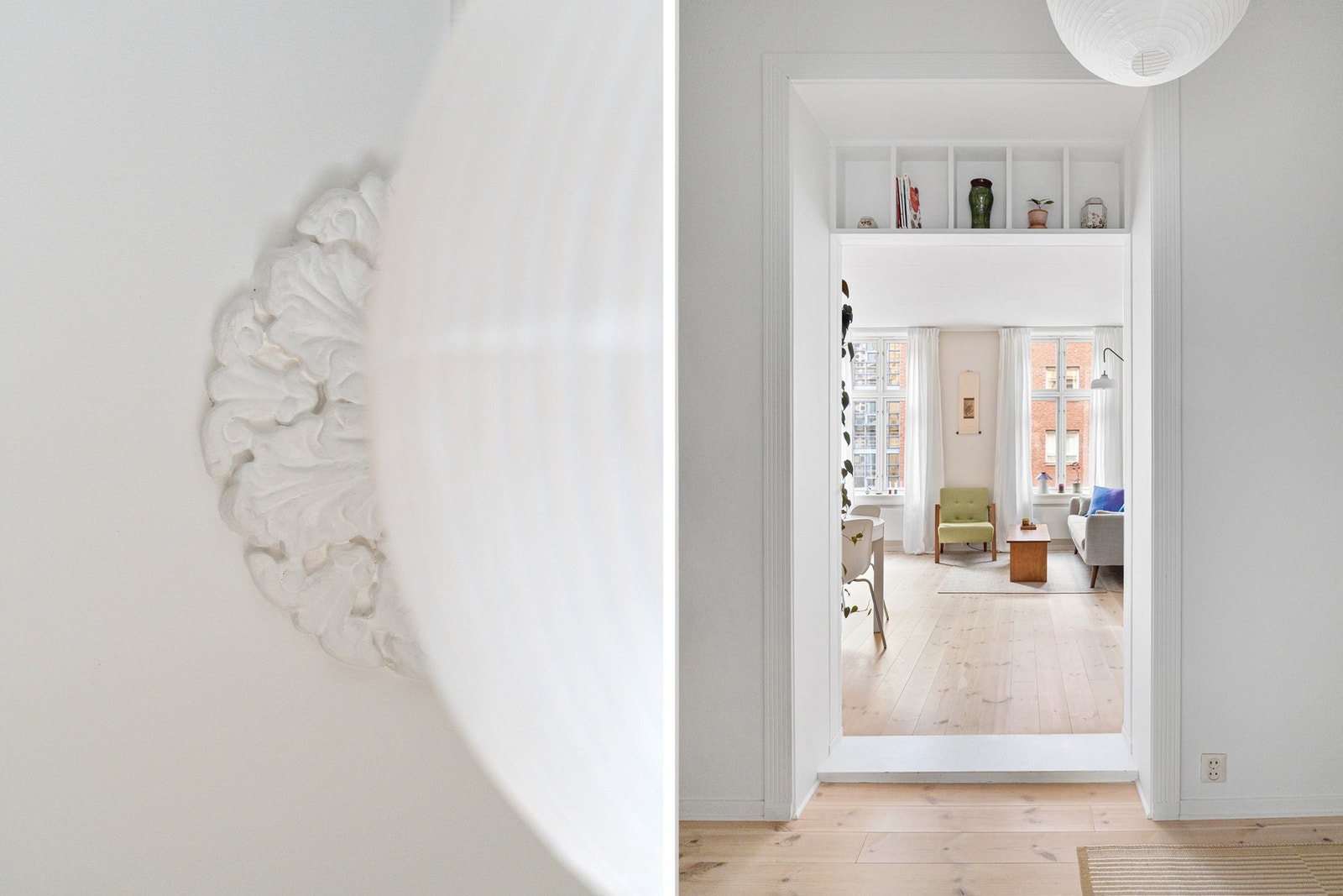 Klassiske detaljer som stukkatur og rosetter i flere av rommene. Galleribilde