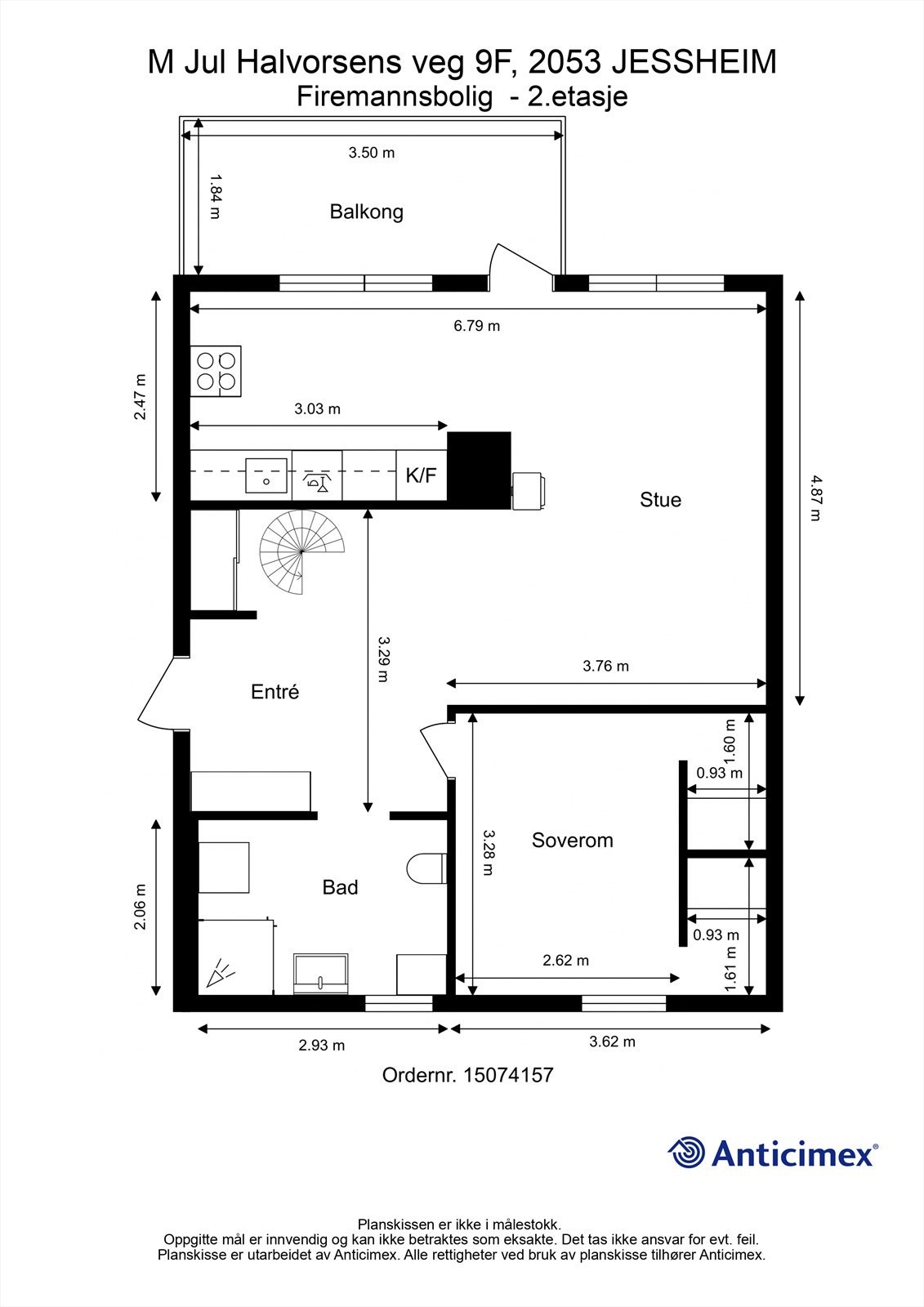 Plantegning med innvendige mål og himmelretning. Galleribilde