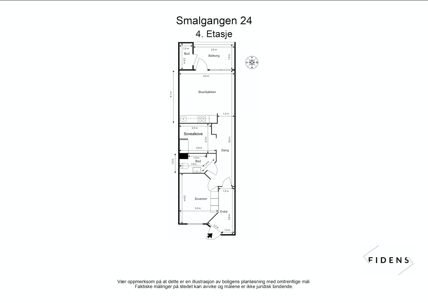 Plantegningen illustrerer en arealeffektiv leilighet med entré, bad, soverom, sovealkove og stue/kjøkken. Galleribilde
