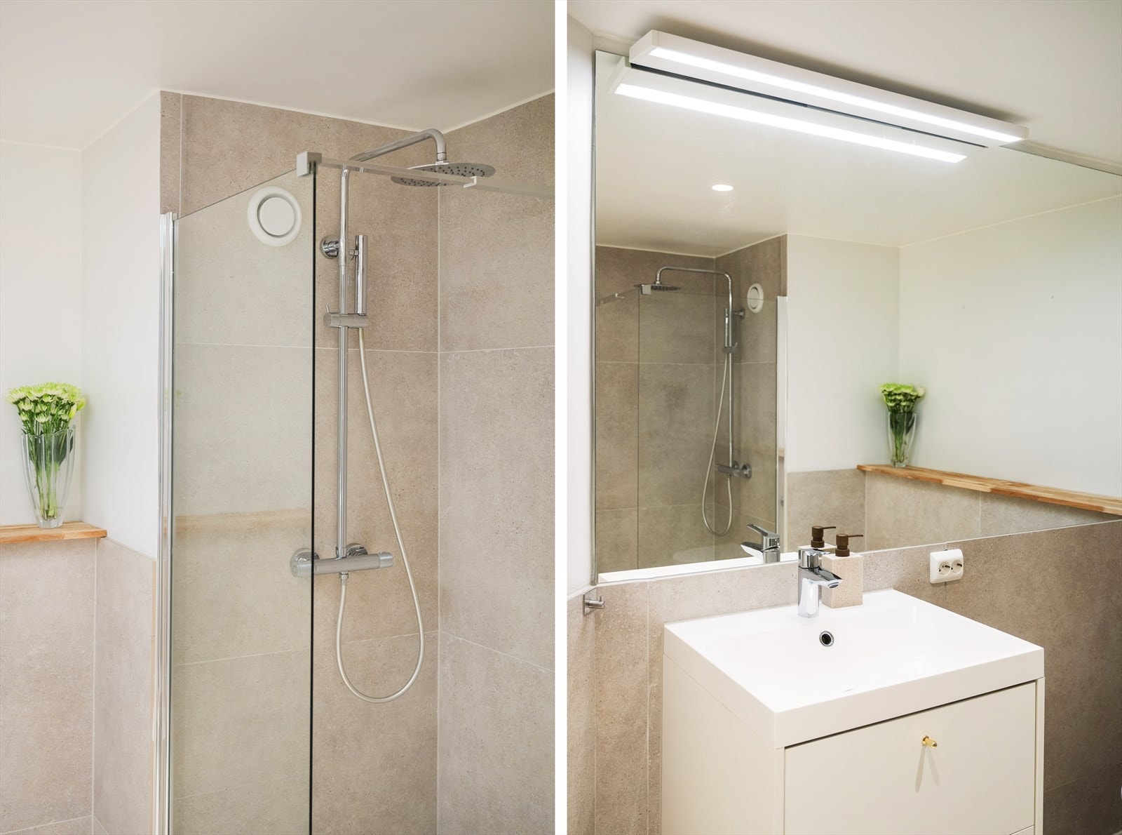 Dusjhjørnet har et blandebatteri med to dusjhoder, inkludert regnfallsdusj. Galleribilde