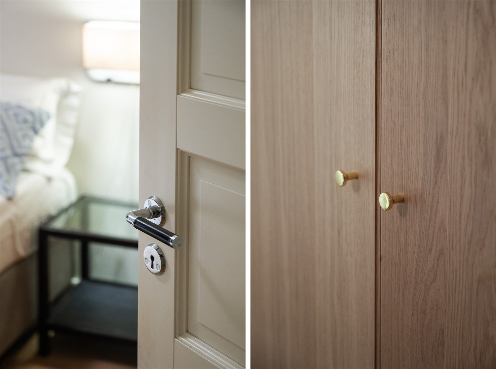 Dører med klassiske fyllinger og moderne håndtak gir et gjennomført inntrykk. Galleribilde