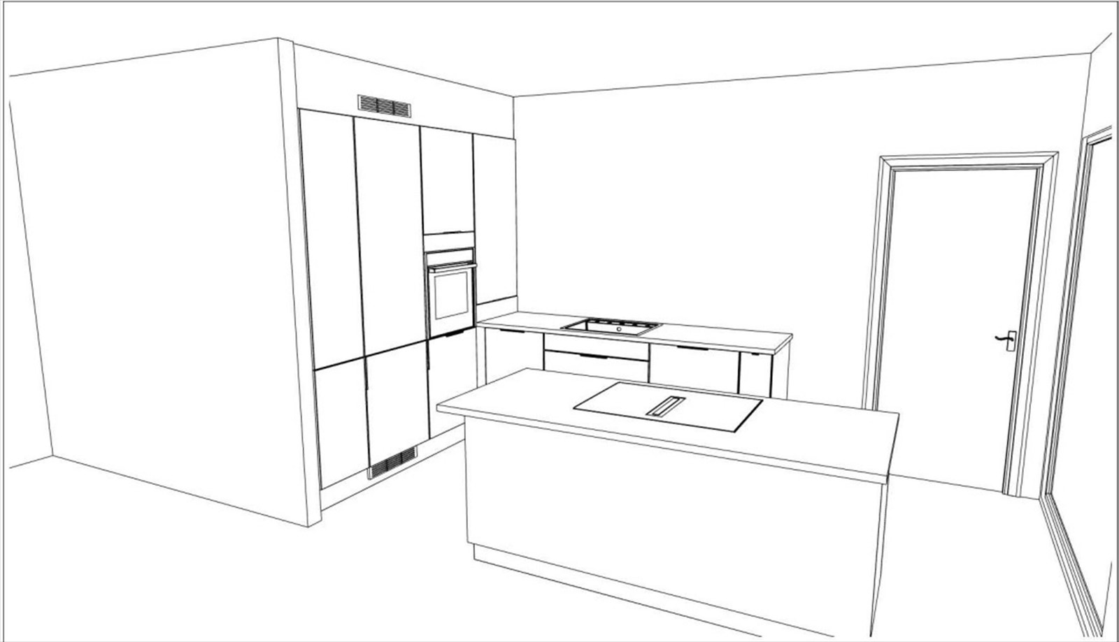 Illustrert kjøkkenløsning i denne leiligheten | Det blir levert et stilrent kjøkken fra HTH med øy og integrerte hvitevarer. Avvik kan forekomme. Galleribilde