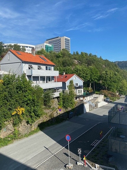 utsikt fra veranda mot NHH Galleribilde