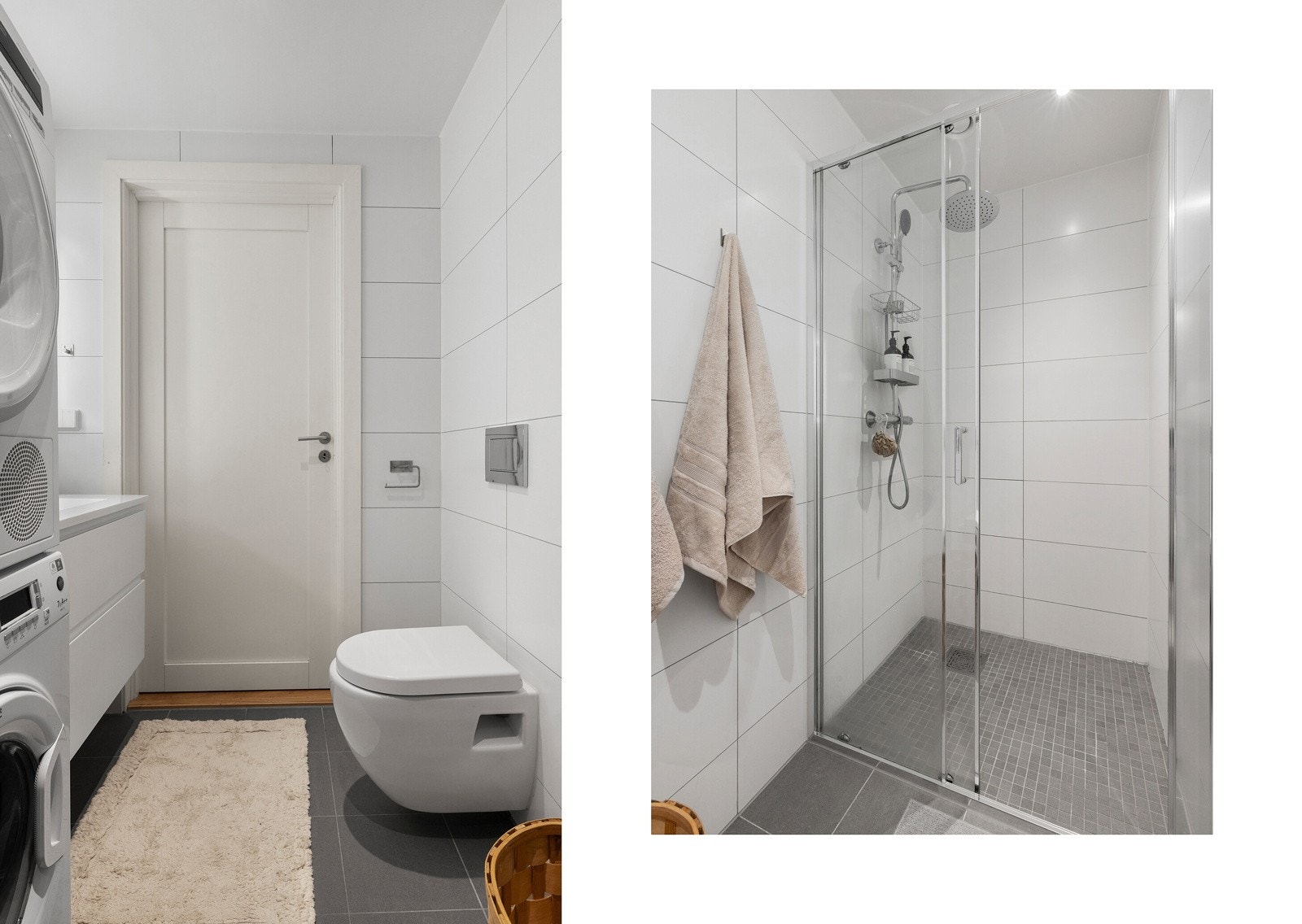 Det er opplegg for vaskemaskin og balansert ventilasjon som sikrer et godt inneklima. Et delikat og funksjonelt bad hvor alle detaljer er på plass. Galleribilde