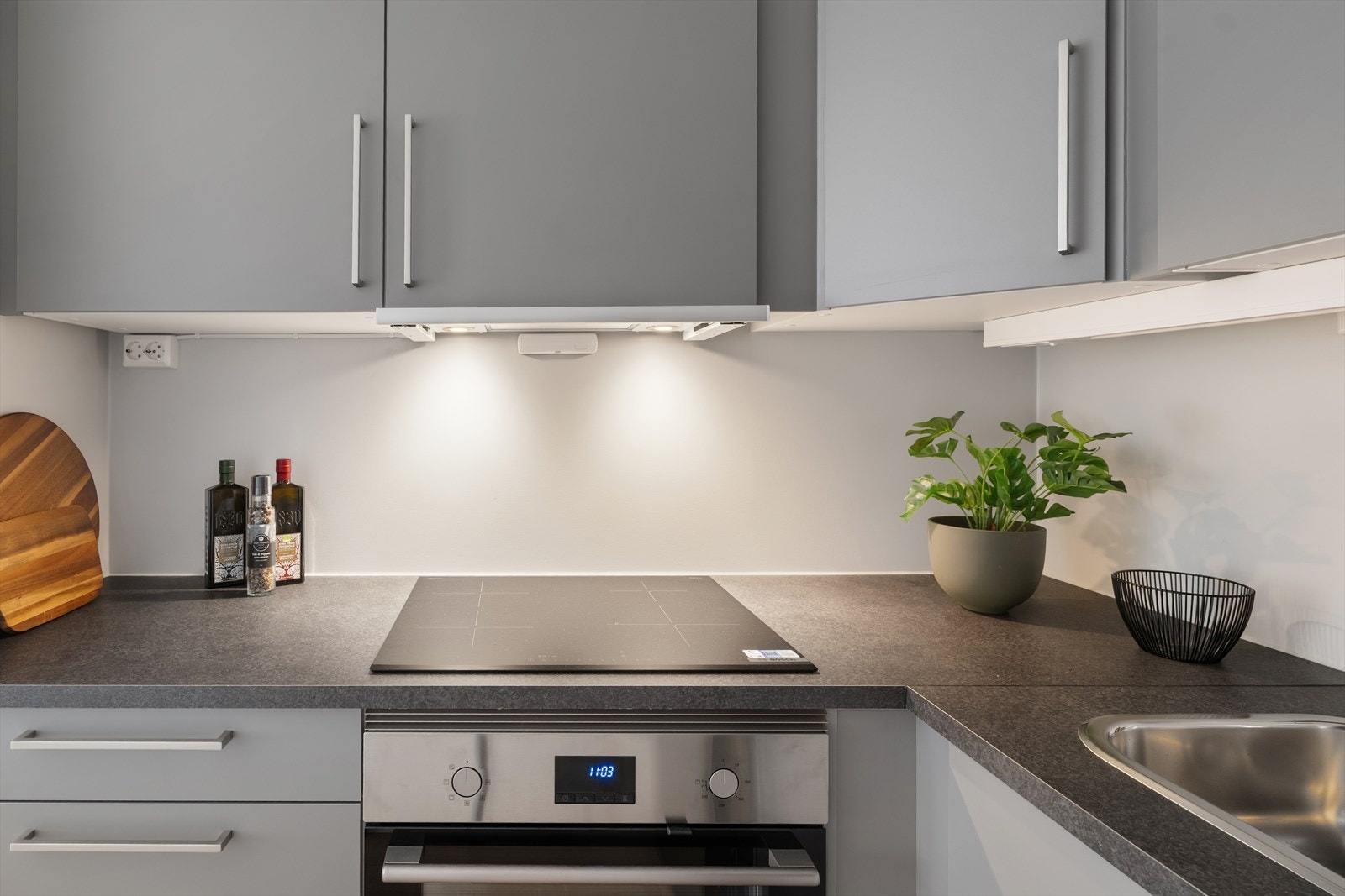 Kjøkkenet er utstyrt med integrert platetopp og stekeovn. Det er i tillegg plass til kjøleskap. Galleribilde