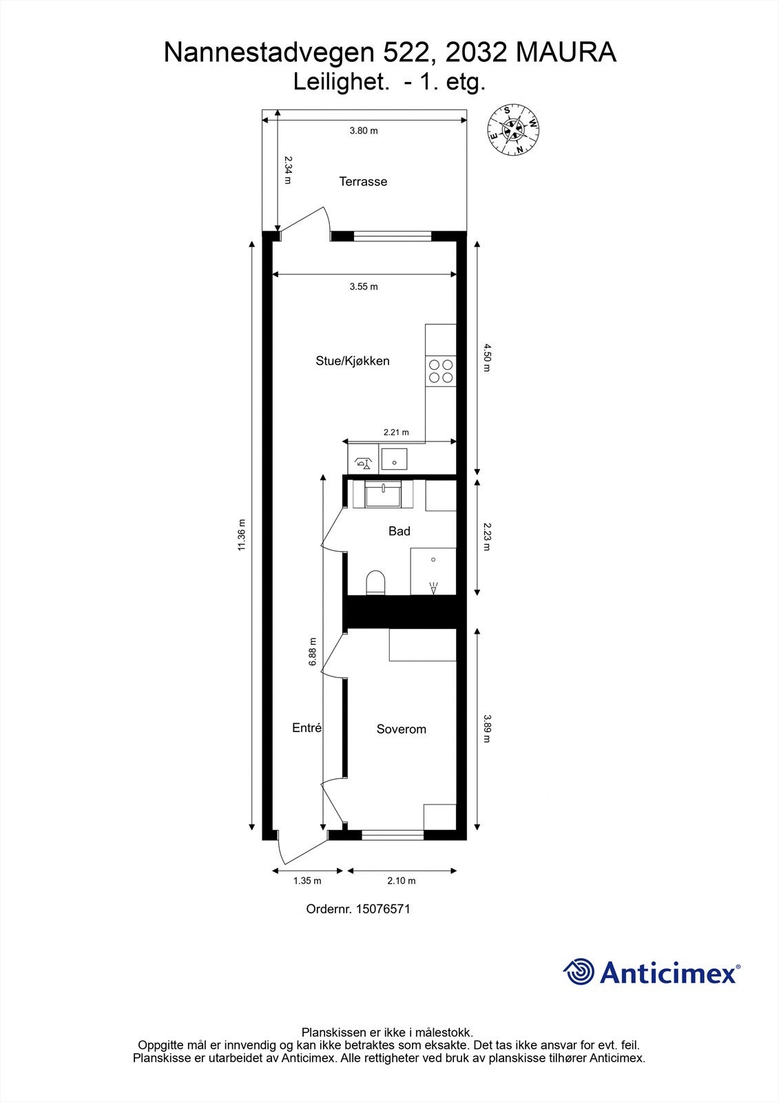 Plantegning med innvendige mål og himmelretning. Galleribilde