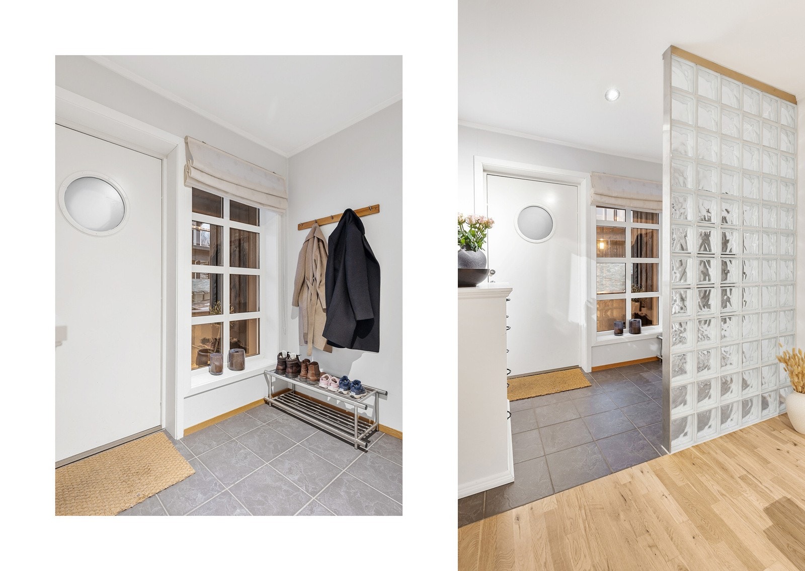 I entreen er det lagt fliser på gulvet og overflatene er holdt i lyse og nøytrale farger. Galleribilde