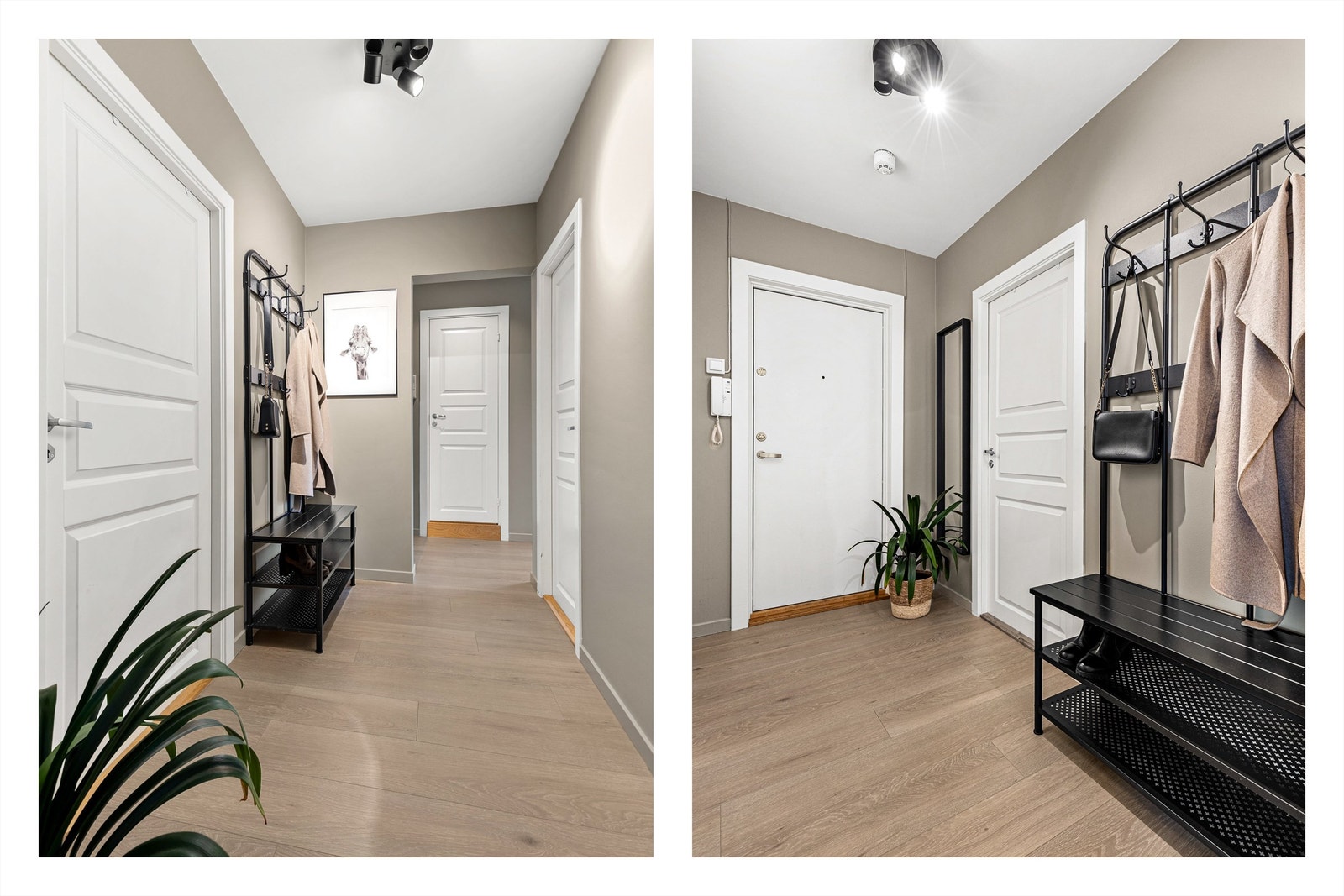 Velkommen inn! Entréen er innbydende og gir et umiddelbart godt førsteinntrykk. Her er det god plass til å henge fra seg yttertøy og sko. Galleribilde