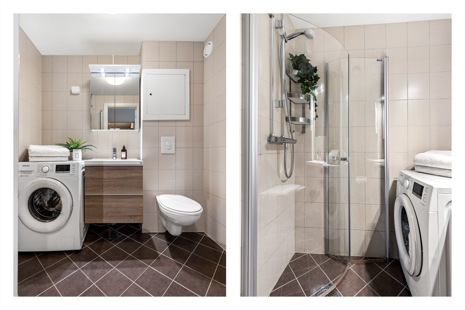 Badet er innredet med vegghengt klosett, servant med innredning, speilskap m/lys og dusjhjørne med svingbare glassdører. Galleribilde