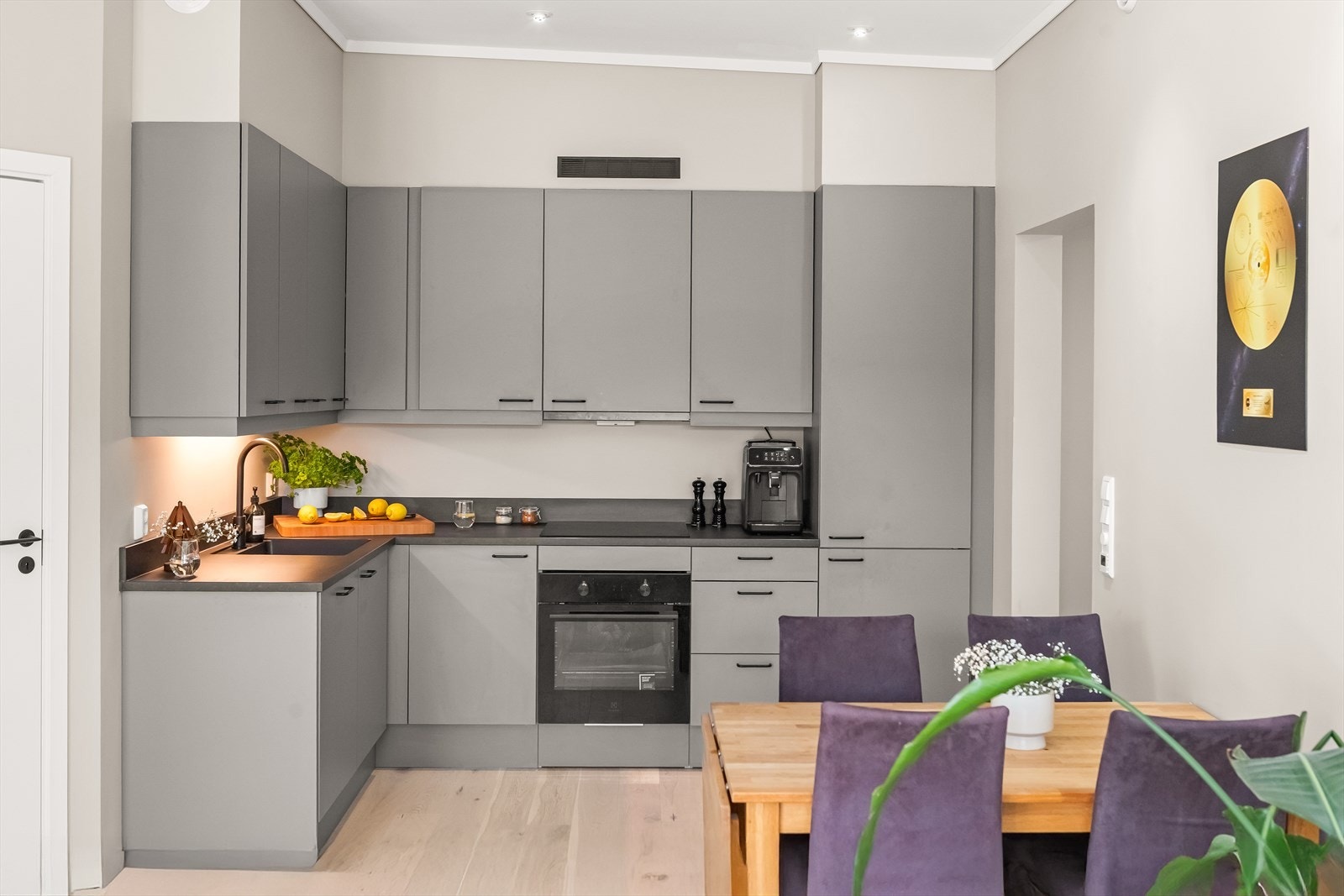 Moderne kjøkken med integrerte hvitevarer, og godt med skapplass Galleribilde