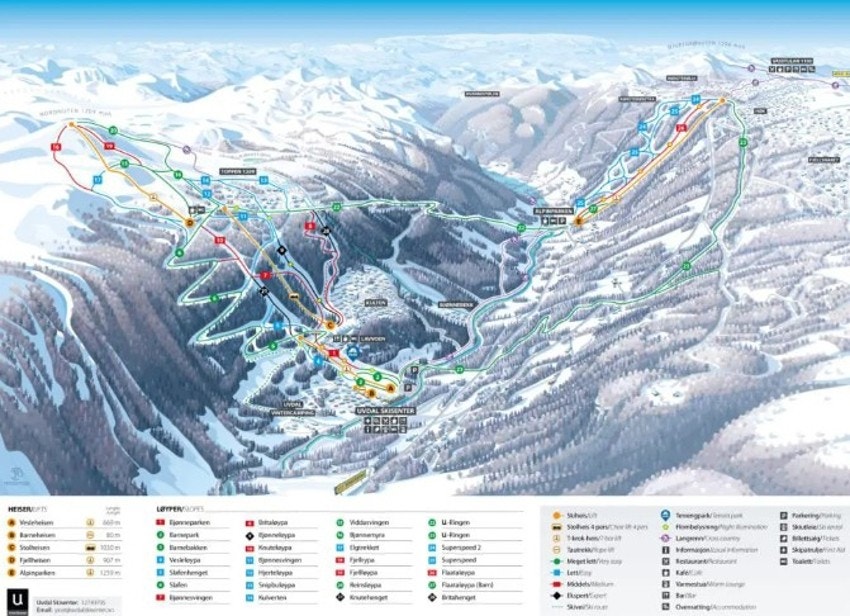 Kart alpinanlegg | Den nye U-ringen gjør at man kommer seg ned i Uvdal Alpinpark og opp på Dagalifjell med fjellstue | 160 km med preparerte langsrennsløyper Galleribilde