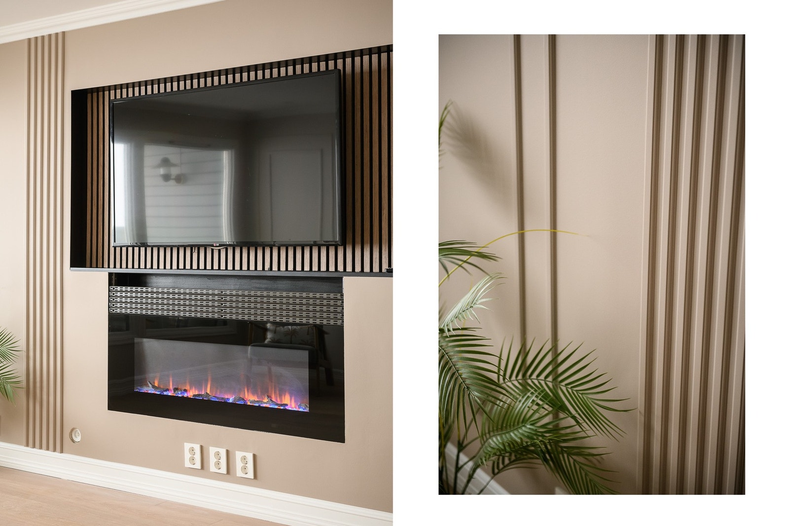 Stilfull stue med dekorlister og spilepanel skaper en lun atmosfære med moderne preg. Tv og elektrisk peis medfølger. Galleribilde