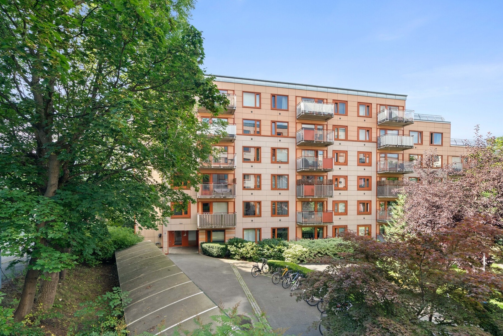 Frodige grøntområder mellom bygningene i Sinsenveien. Galleribilde