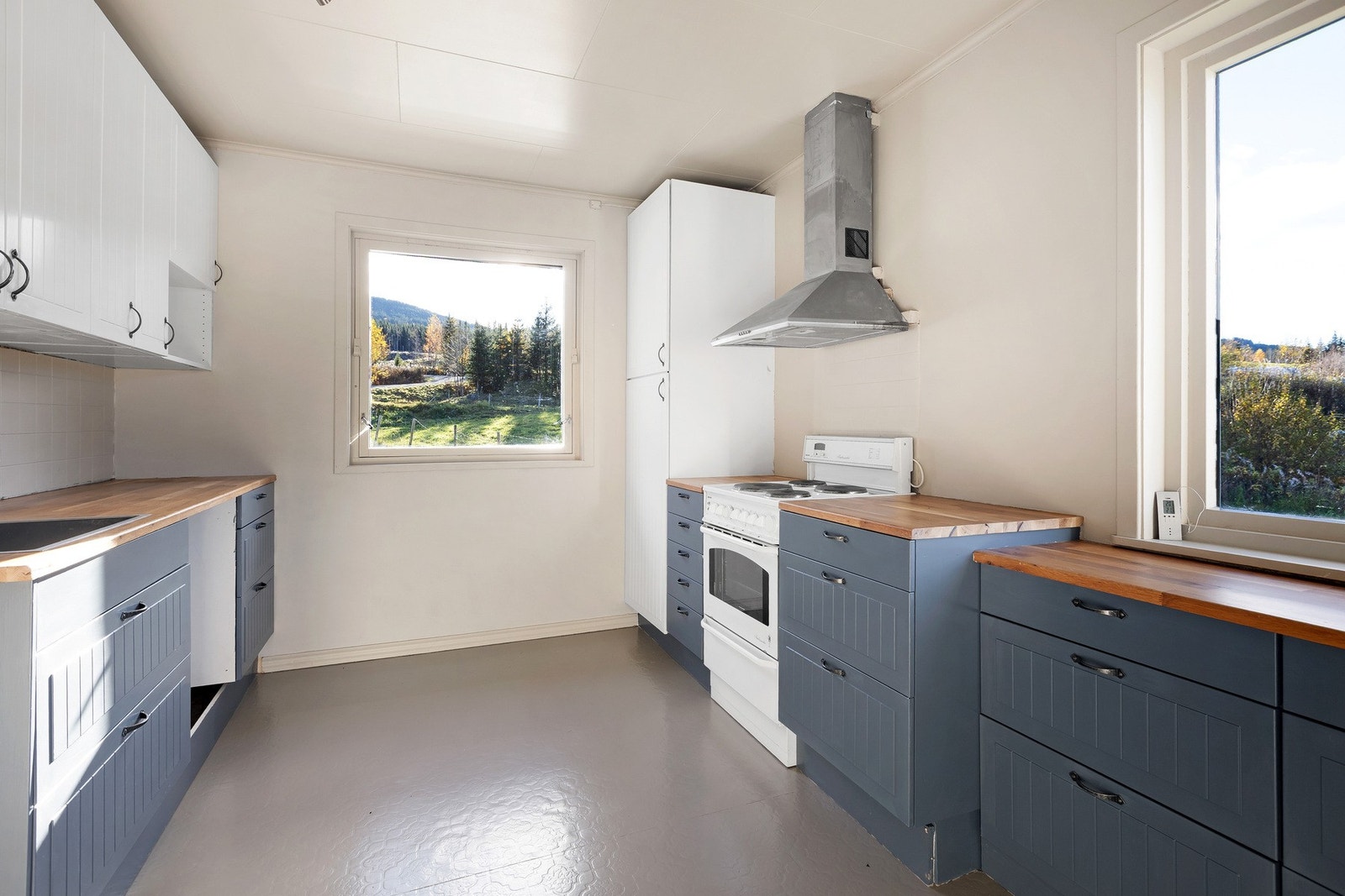 Hyggelig kjøkken med vindu, hvite og blå skap, komfyr og ventilator. Utsikt til omkringliggende områder. Galleribilde