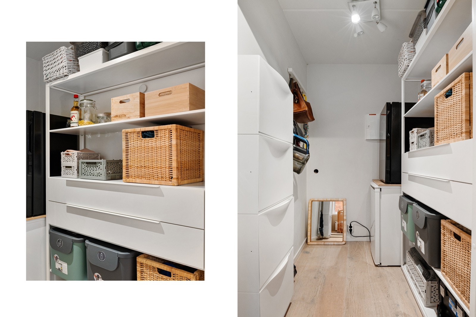 Her er det svært gode oppbevaringsmuligheter med direkte tilgang til et praktisk omkledningsrom/innvendig bod med plass til klær, yttertøy og annet man ønsker å ha lett tilgjengelig, men ryddig bortgjemt Galleribilde