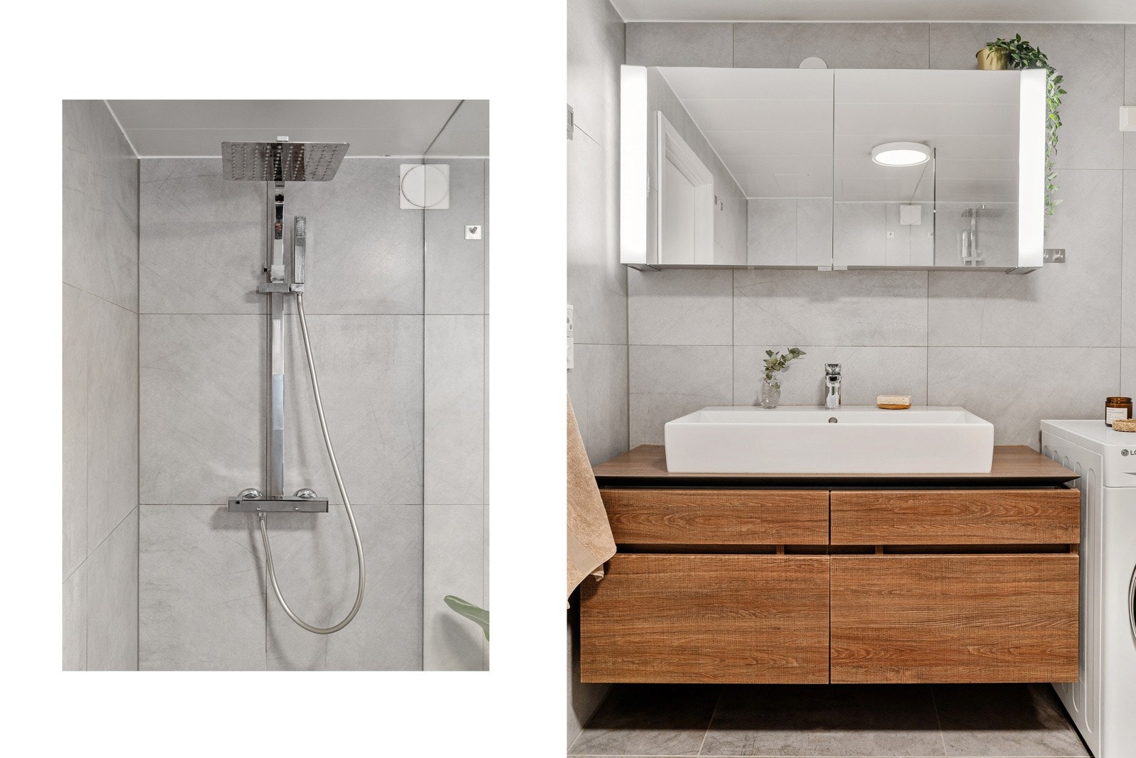 Termostatstyrt dusjbatteri i krom med både hånd- og regnfallsdusj. Veggmontert servantinnredning med utenpåliggende vask og ett-greps armatur i krom. Veggmontert speilskap med belysning. Galleribilde