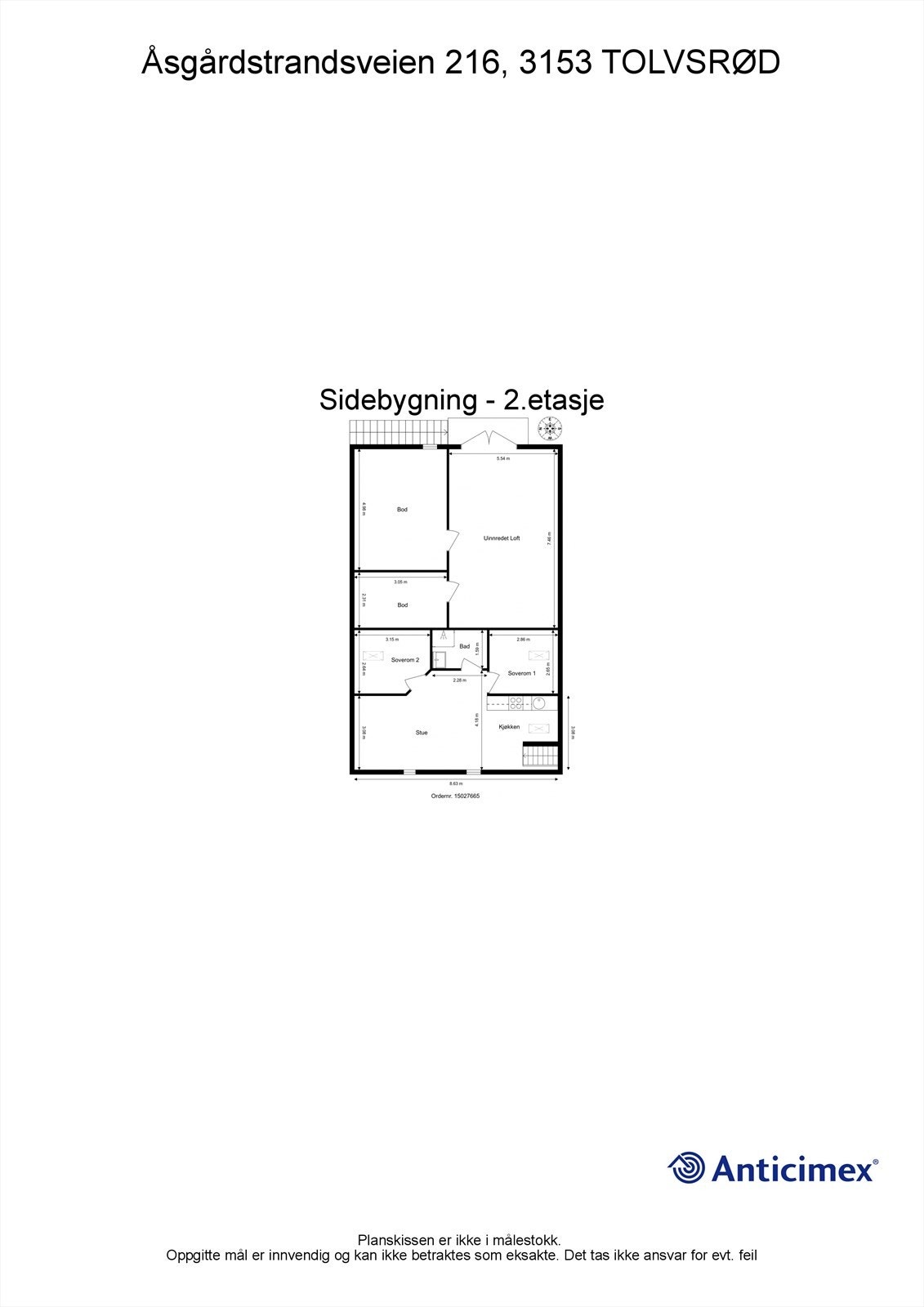 Sidebygning 2. etg. Det er etablert en leilighet i 2.etasje. Ifølge selgers opplysninger er tiltaket ikke omsøkt og det er heller ikke tatt stilling til om dette lar seg gjøre. Etasjen er av den grunn ikke godkjent til varig opphold. Galleribilde