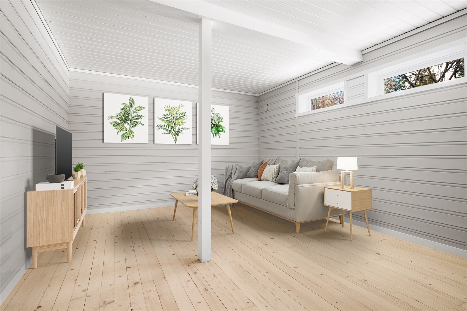 Kjellerstue med peis - bildet er digitalt møblert Galleribilde