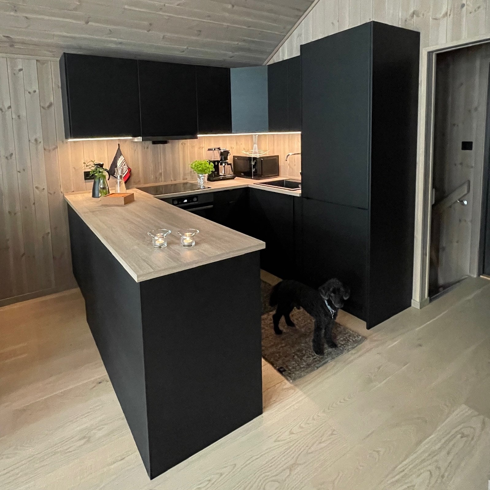 Lekkert Sørlandskjøkken med integrert oppvaskmaskin, kombiskap, stekeovn og induksjonstopp. Galleribilde