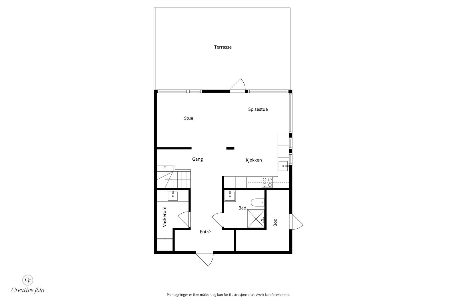 Første etasje har en gjennomtenkt planløsning med entré, bad, vaskerom og åpen stue-kjøkkenløsning. Galleribilde