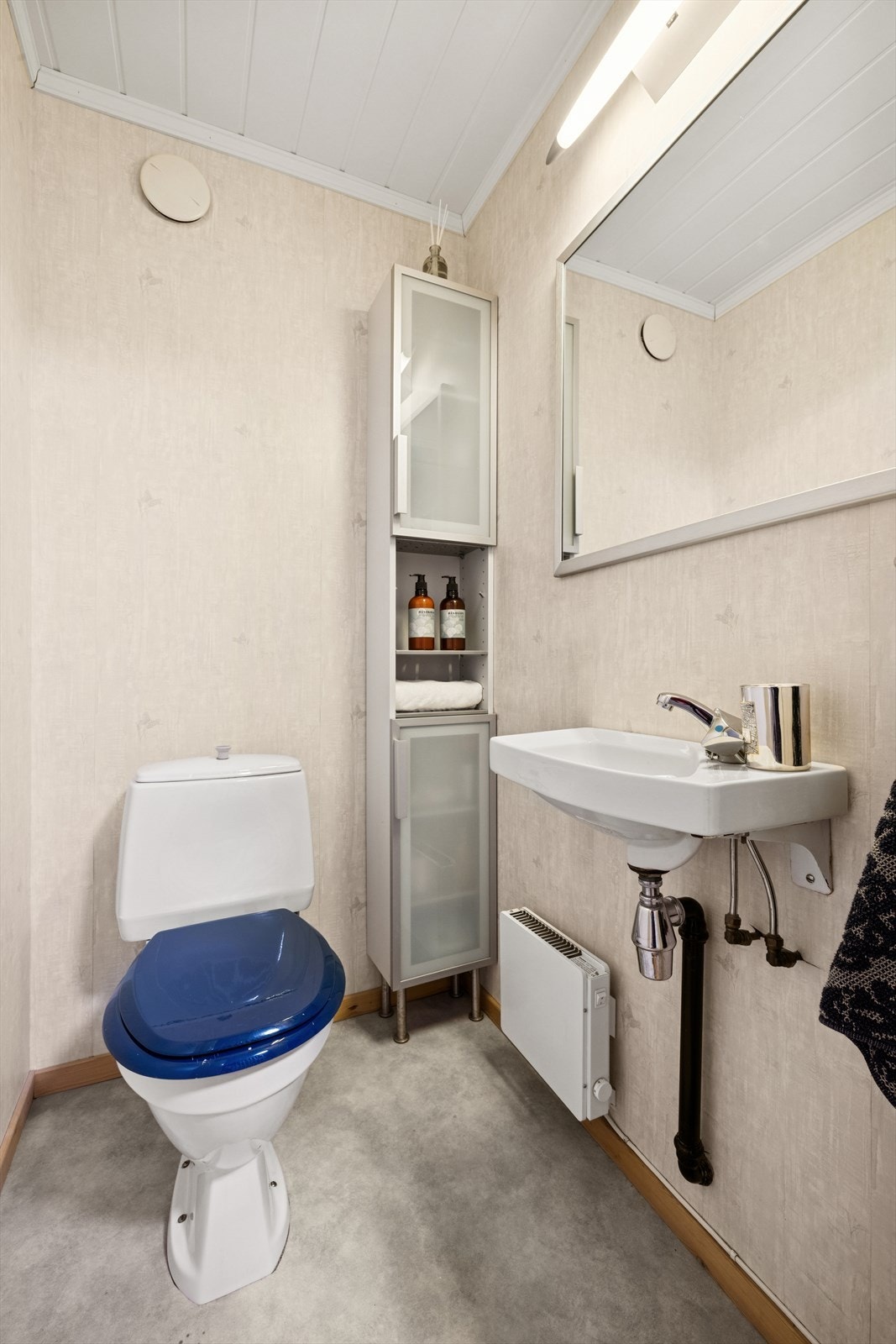 Boligen har et toalettrom i underetasjen. Rommet er innredet med toalett, servant på vegg og speil. Galleribilde