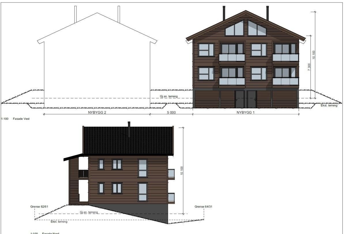 Fasader mot vest og nord. Alle leilighetene ligger vestvendt med balkong og store vindusflater. Garasje og skiboder i uetg. Galleribilde