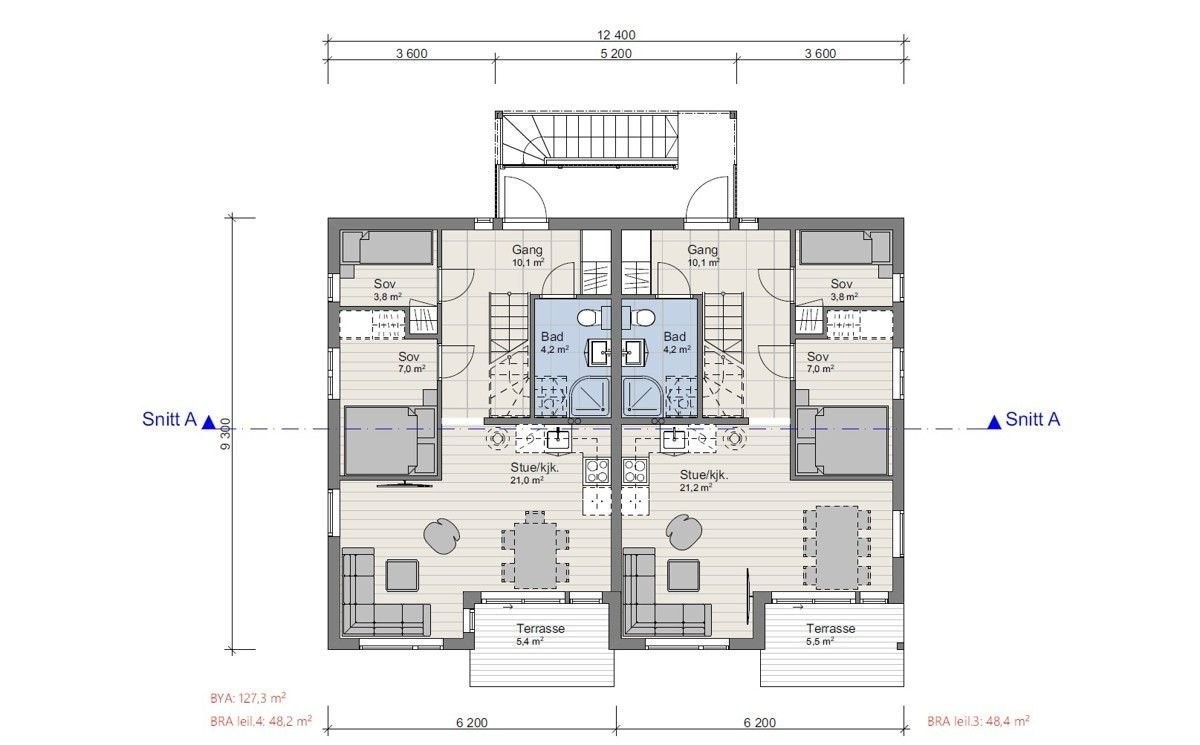 3. etg.: 2x2 leiligheter som strekker seg over to etasjer med innvendig trapp. Totalt drøyt 63m2 BRA per leilighet Galleribilde