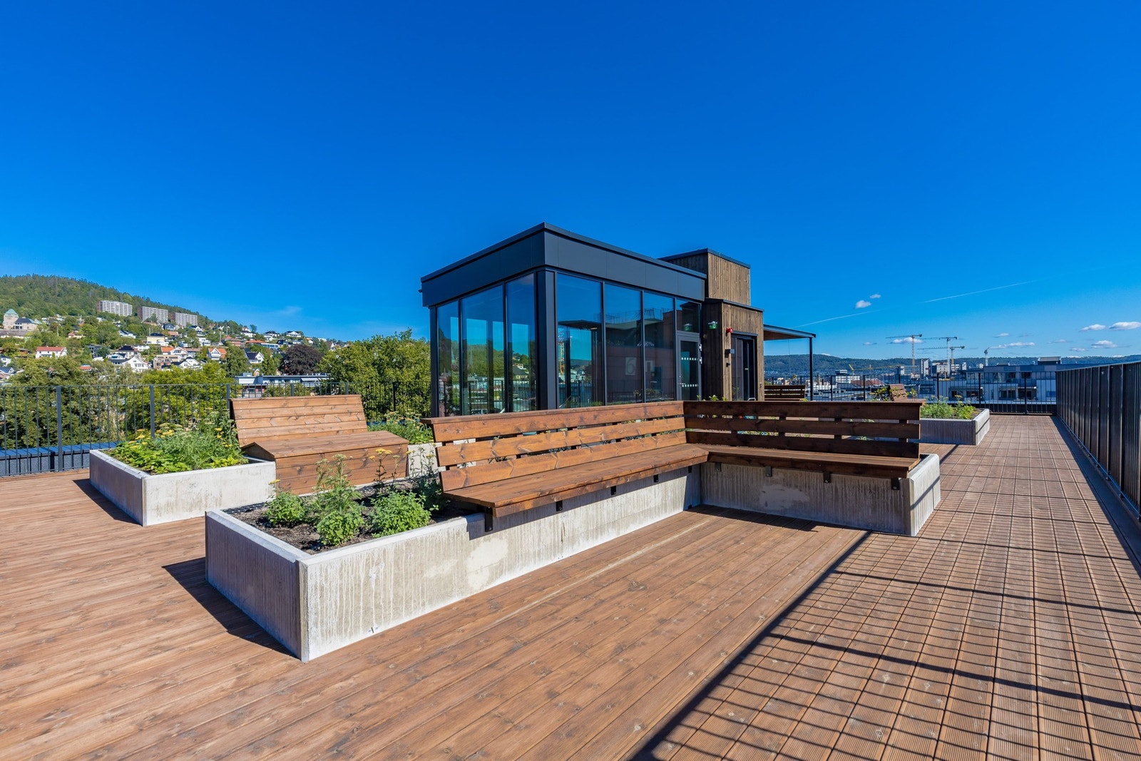 Takterrassen har blomsterkasser, pergola og sittebenker i ulike soner. Galleribilde