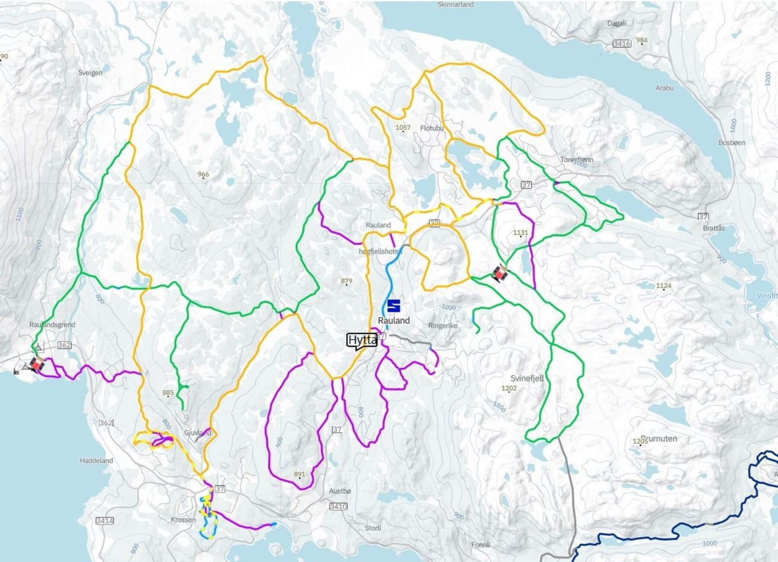 150 km med preparerte langrennsløyper på Rauland - Hyttas plassering er merket i kartet Galleribilde
