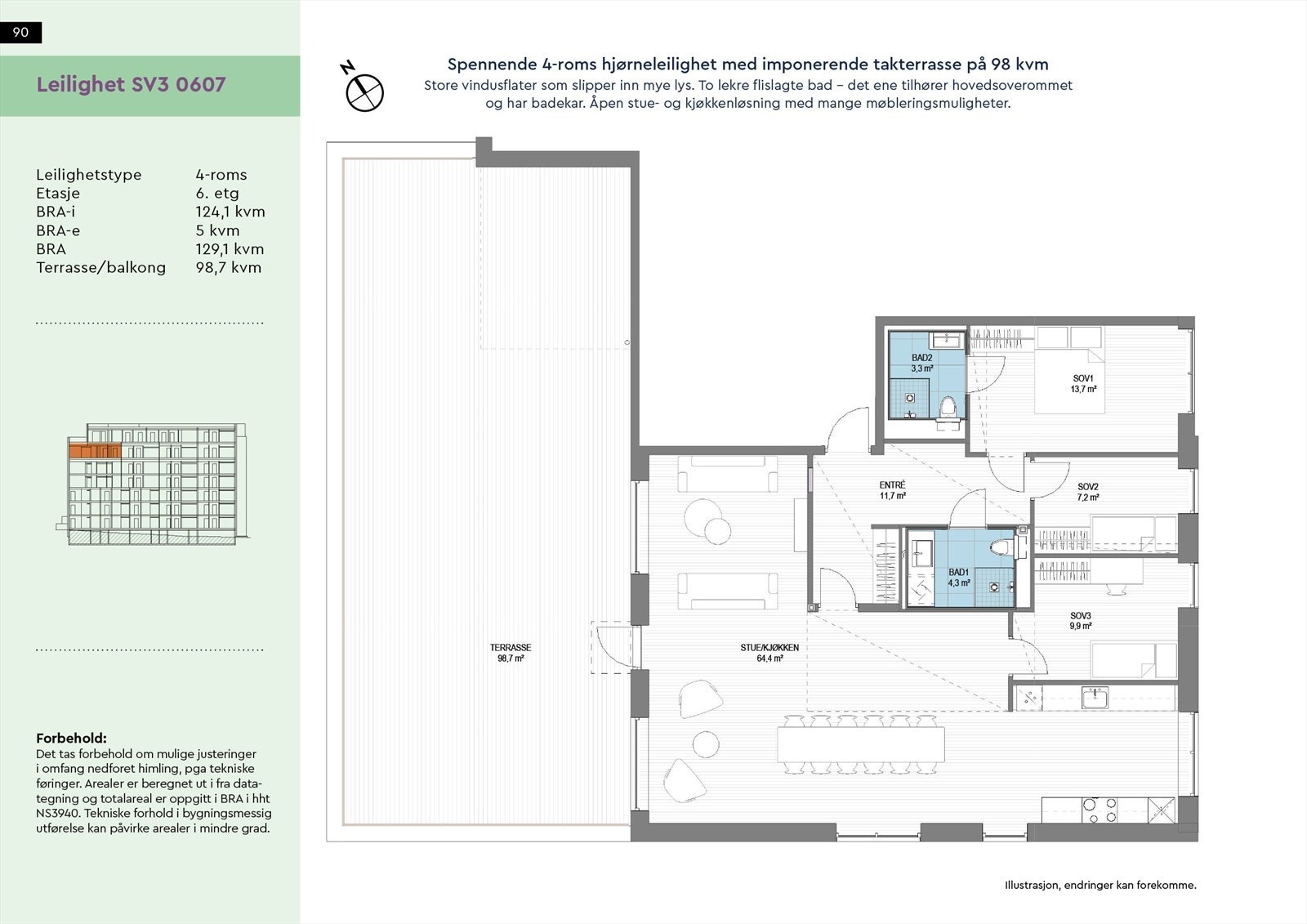 Romslig 4-roms hjørneleilighet i 6 etasje. Galleribilde