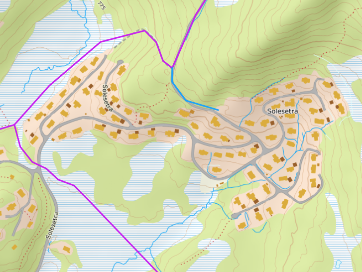 Bildeutsnitt fra skisporet.no. Den lilla linjen illustrerer langrennsløype i nærheten av hyttefeltet preparert for 12-48 timer siden pr 17.02.2025 Galleribilde