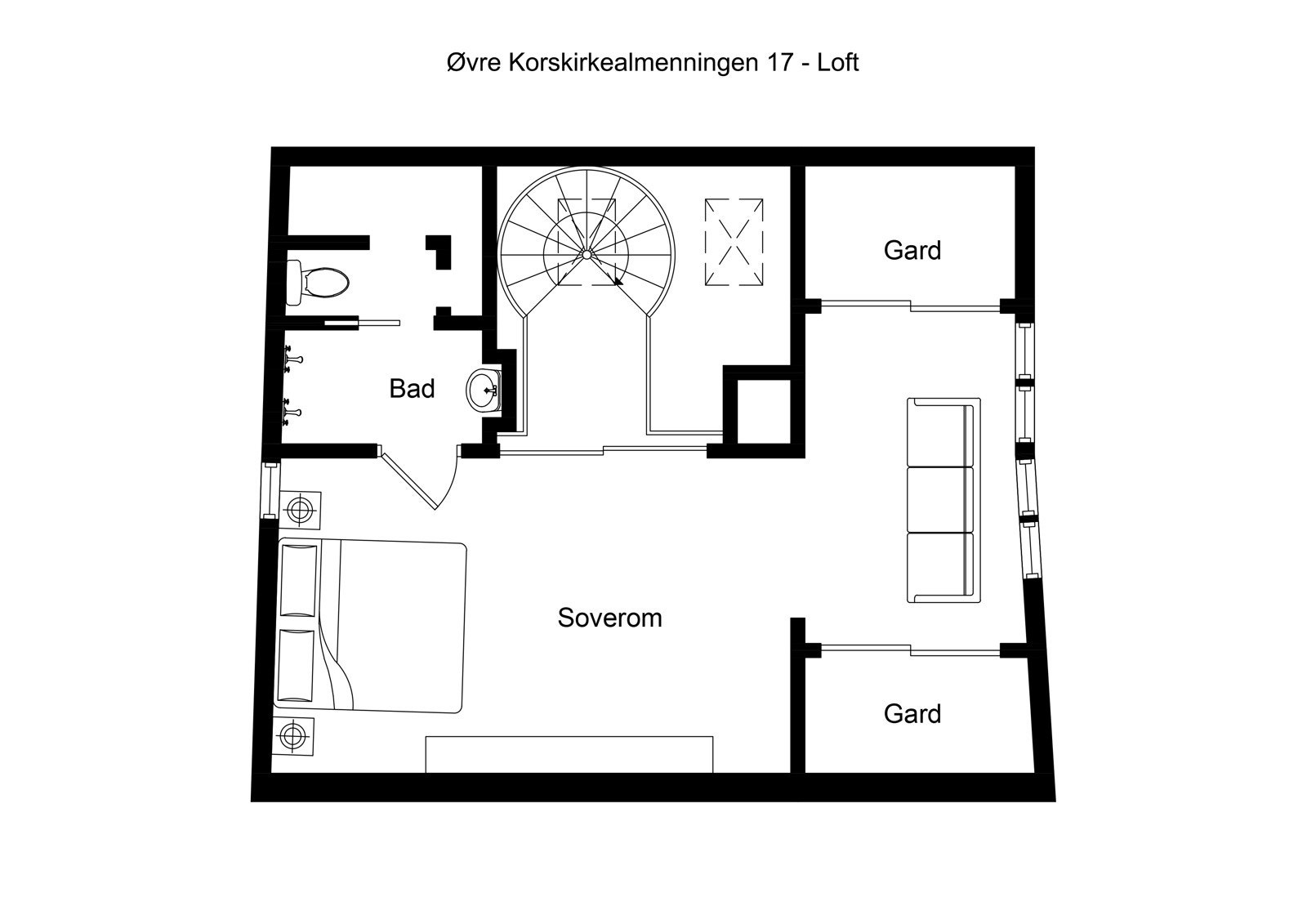 Plantegning loftsetasjen. BIldene som følger er fra dette planet Galleribilde