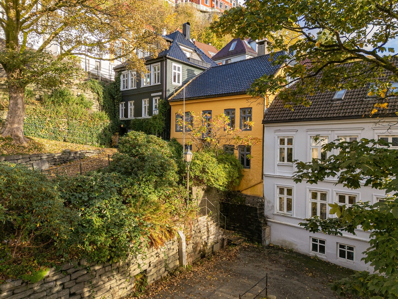 Vakker husrekke med gangvei til Skansen utenfor vinduene Galleribilde