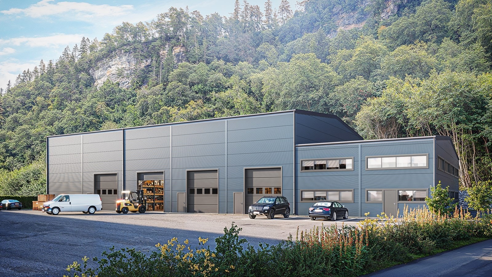 Illustrasjon nytt kombinasjonsbygg på Øysand rett ved E39 med kort avstand til Trondheim og Melhus. Galleribilde