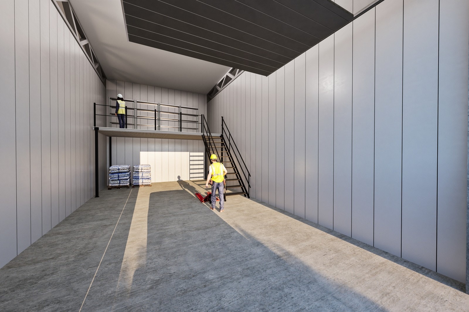 Innvendig er det mulig å få mesanin i ulike størrelser som tilvalg Galleribilde