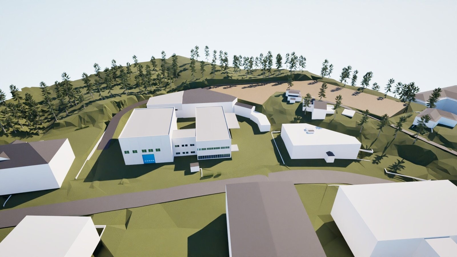 Eier har rammetillatelse for oppføring av ytterligere bygg på eiendommen, samt planere tomt i bakkant av dagens eiendom. Illustrasjoner viser muligheter.