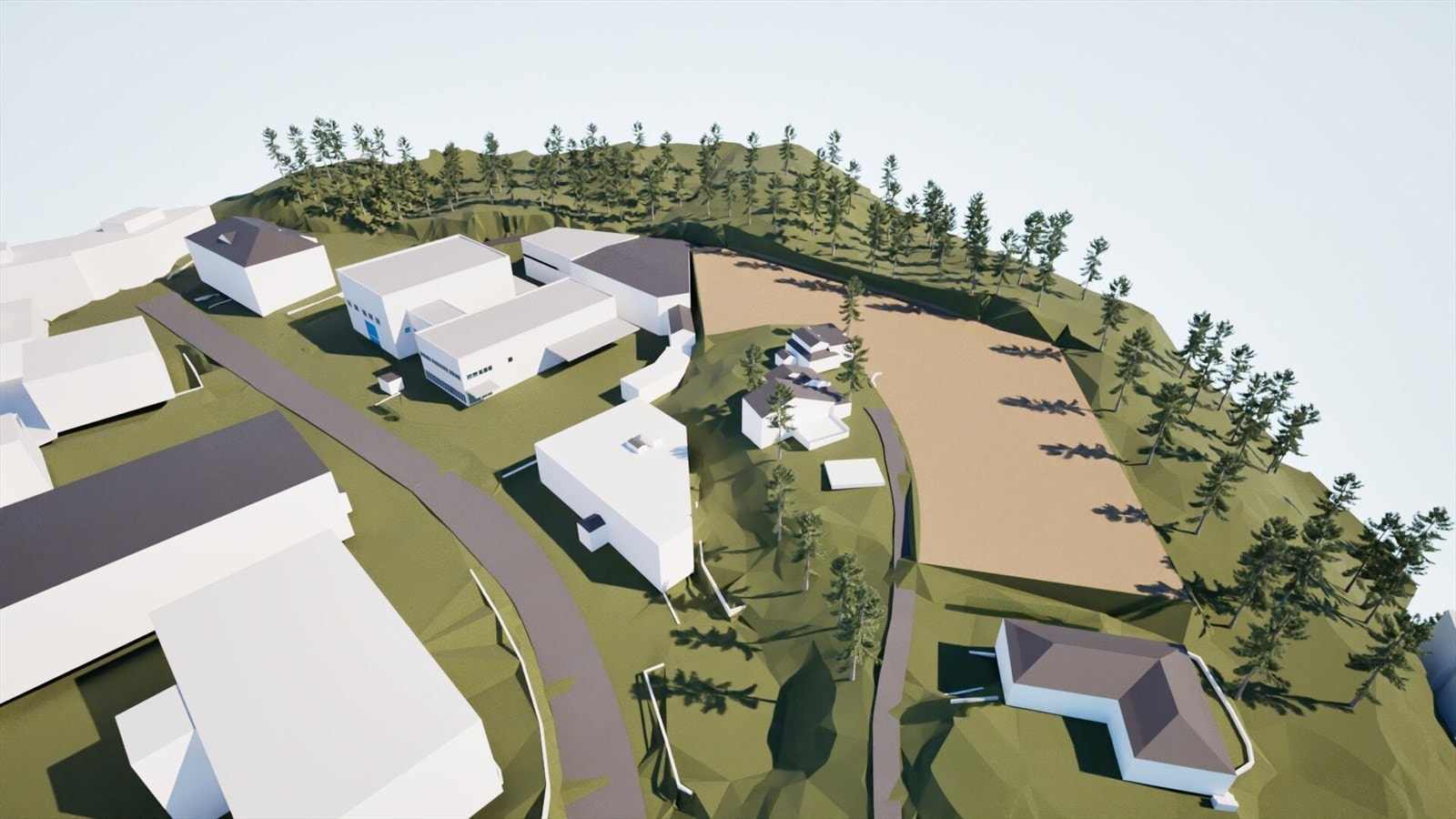 Eier har rammetillatelse for oppføring av ytterligere bygg på eiendommen, samt planere tomt i bakkant av dagens eiendom. Illustrasjoner viser muligheter.