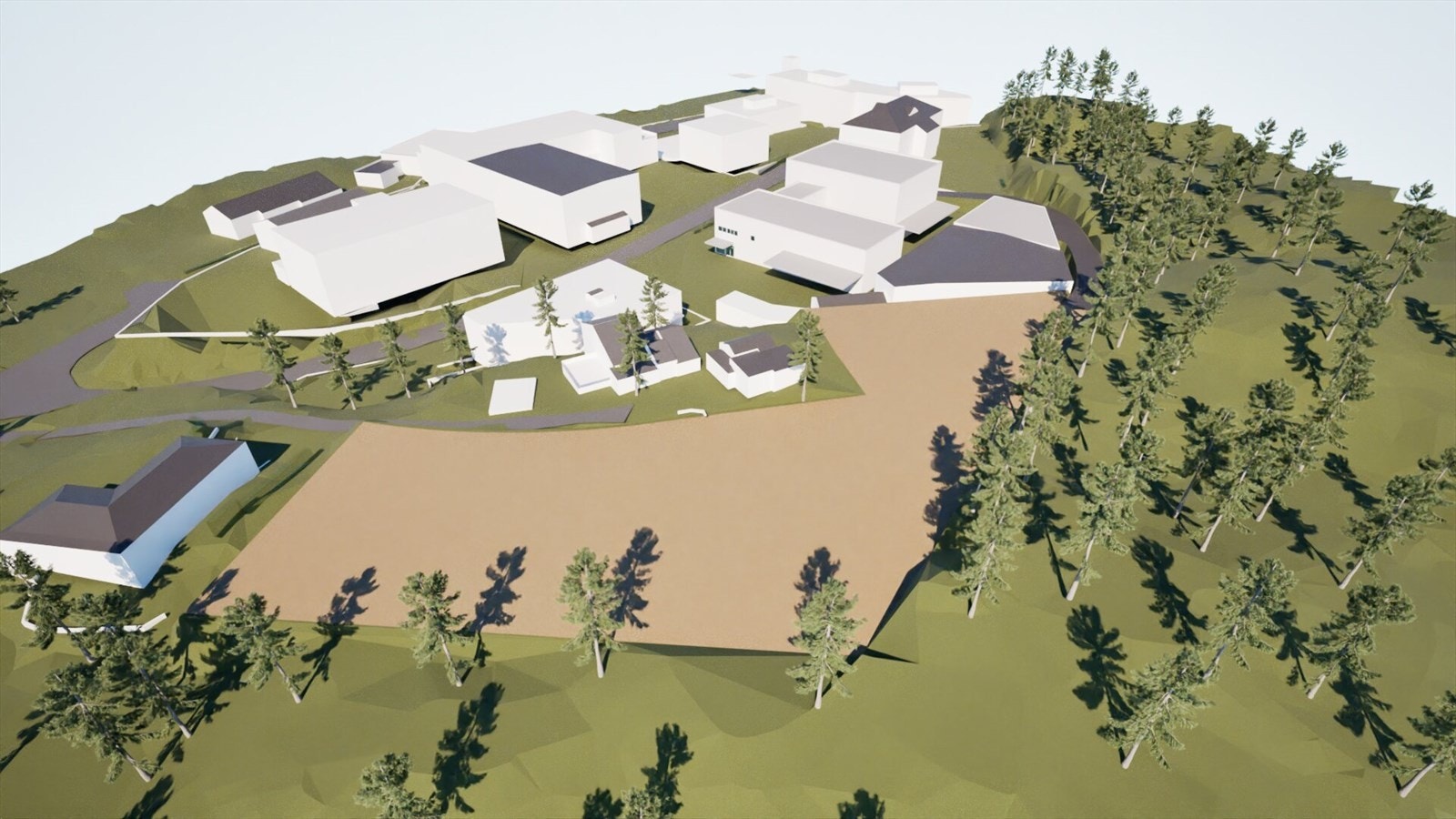 Eier har rammetillatelse for oppføring av ytterligere bygg på eiendommen, samt planere tomt i bakkant av dagens eiendom. Illustrasjoner viser muligheter.