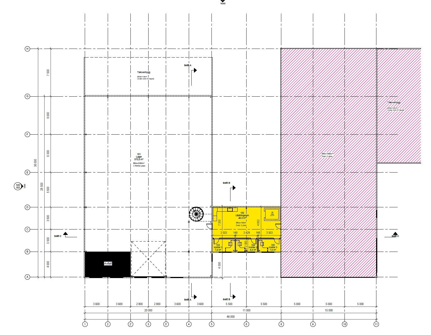Hovedbygg plantegning 1. etg. Skravert areal er lager og butikk. Gult areal er butikk/kontor/utstilling. Hvitt areal er grønn stålhall.