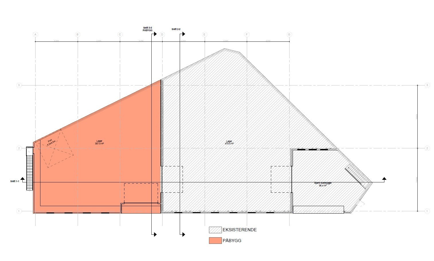 Lagerbygg plantegning 2. etg. Rødt areal er overbygd 